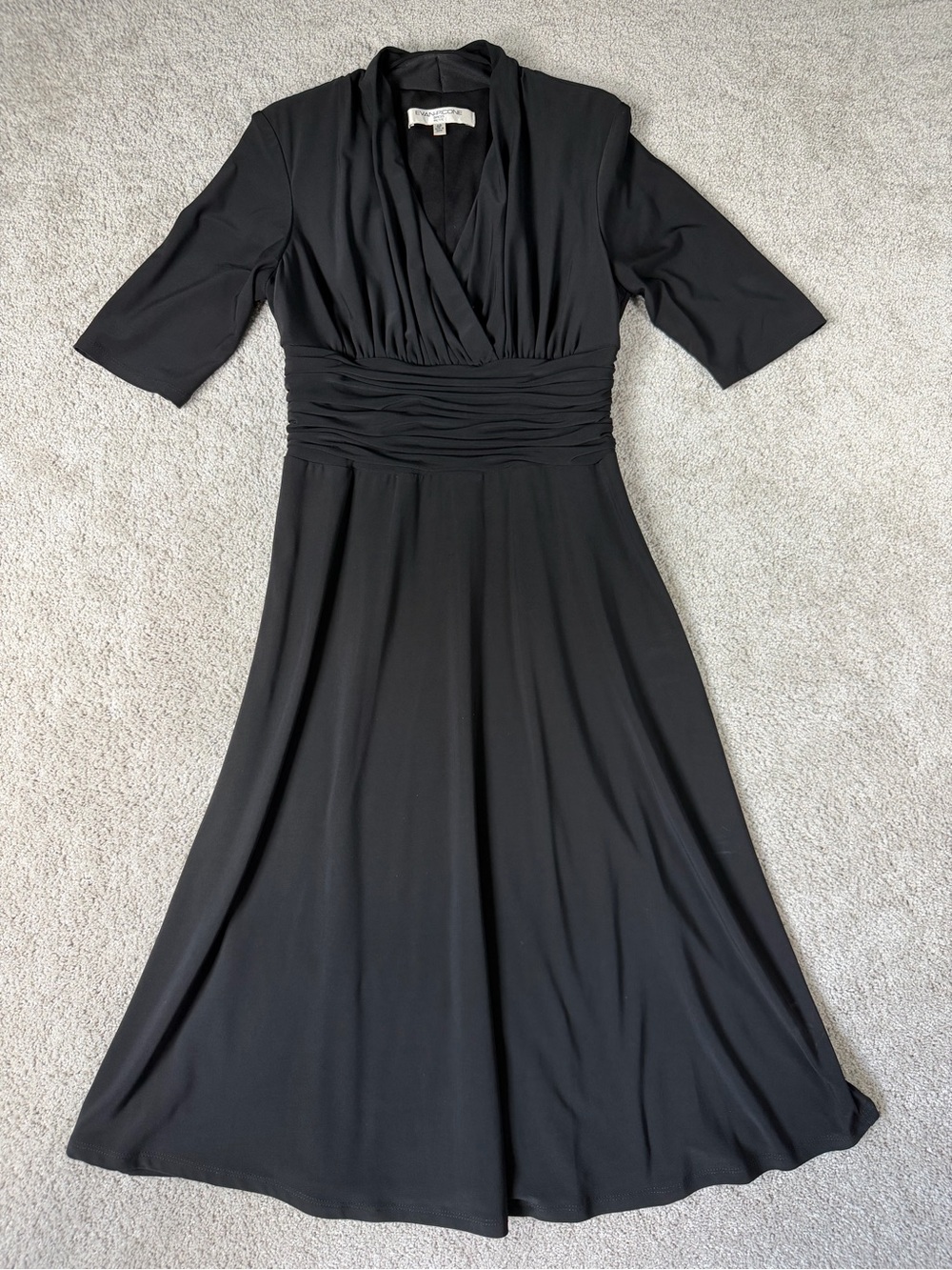 Evan Picone Size 4P Black Dress Empire Waist Faux Wrap Zipper Stretch 3/4 Sleeve